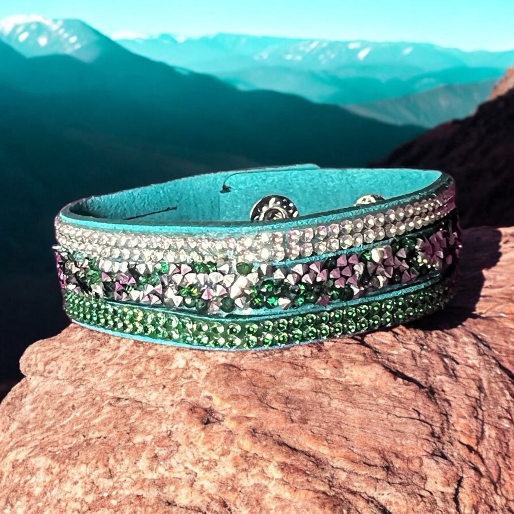 Green Wrap Bracelet w/ Silver Stud Rhinestones & Snap Closure